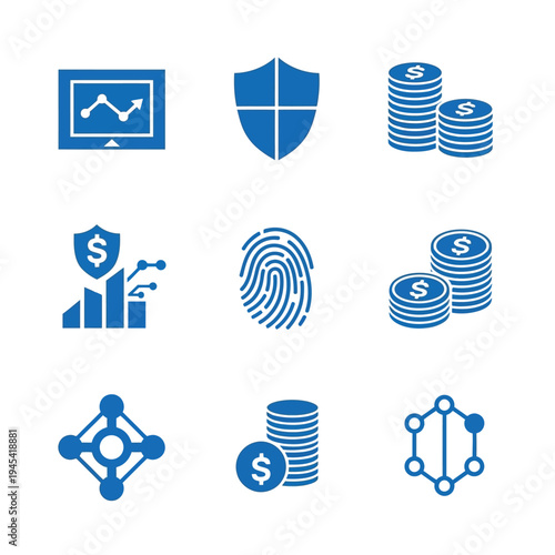 Blue icons for finance, security, data analysis, and network connections, including graphs and coins