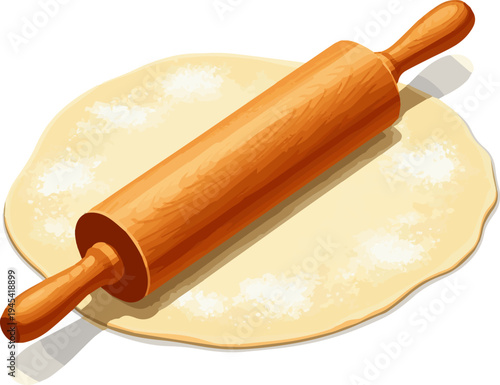 Create a realistic wooden rolling pin on flattened dough for baking homemade food preparation tools vector art with white background.