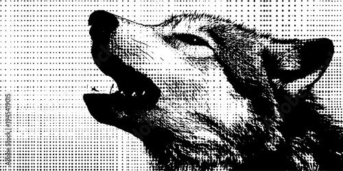 Wolf growling in black and white halftone art illustration for design projects