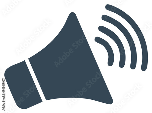 Dark blue megaphone icon broadcasting sound waves for announcement communication and promotion