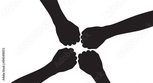 Illustration of four fists meeting in the middle in black silhouette