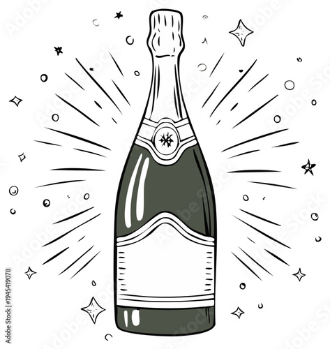 Sparkling Champagne Bottle with Festive Burst and Stars