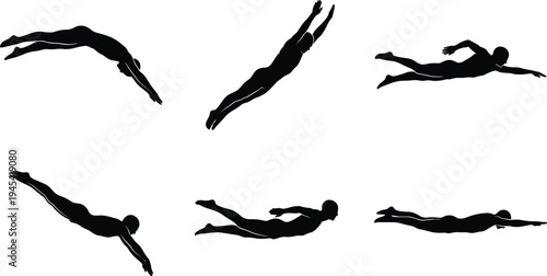 Swimmer diving and swimming silhouettes set, professional swimming strokes underwater sport athlete training vector isolated illustration collection