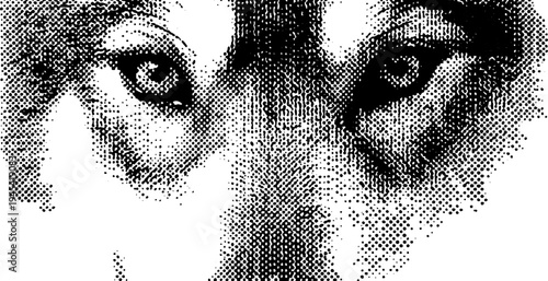 Symmetrical wolf head design in black and white halftone for tattoo art