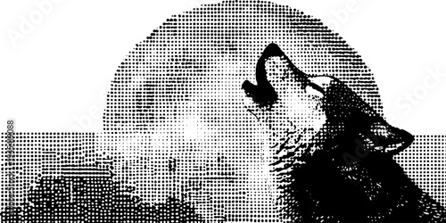 Wolf howling at moon in black and white halftone illustration for nature and wildlife art