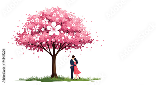 Romantic couple embracing and kissing tenderly under a large cherry blossom tree with pink flowers in full bloom.