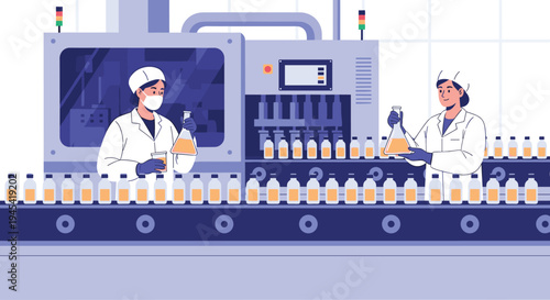 Two professional female workers in a high-tech manufacturing plant monitoring an automated liquid bottling production.