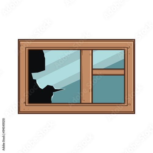 Broken, shattered glass in a rustic wooden window frame showing decay, vandalism or accident damage, conveying abandonment, disrepair and urgent repair needs