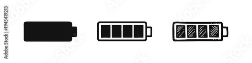 Battery power indicator icons set, showing energy, charge, and electric power status in various styles.