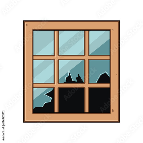 Wooden window frame with multiple shattered and missing glass panes, showing decay, neglect and vandalism, exposed opening in an old rustic facade, damaged and unsafe