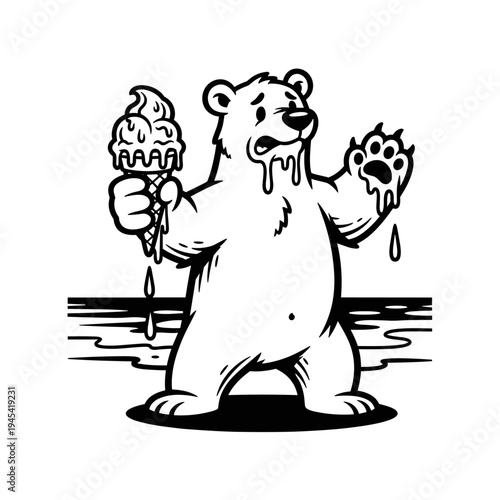 Worried polar bear holding melting ice cream cone in a distressed state.