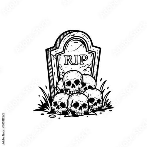 Pile of Skulls and RIP Gravestone Illustration.