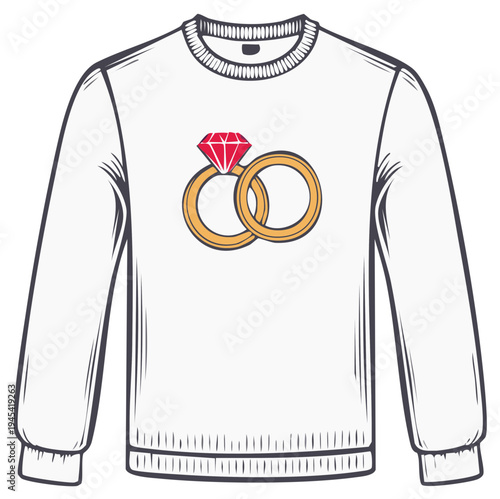 Sweater with Two Gold Wedding Bands, Red Diamond Engagement Ring Symbol, Celebration of Love, Commitment, and Marriage