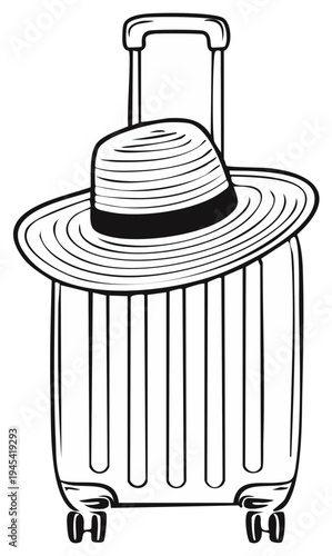 Illustrated Rolling Suitcase with Straw Hat, Luggage, Travel Accessories, Vacation Gear Outline