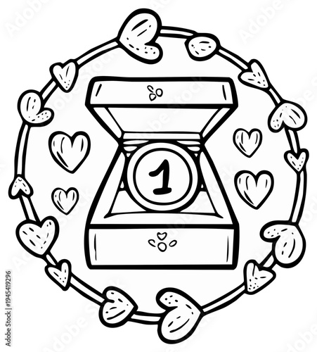 Coin in a box with number one surrounded by heart wreath outline for coloring page