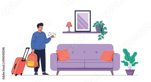 Young man standing in a living room with an orange suitcase and backpack while holding a letter and preparing to travel.