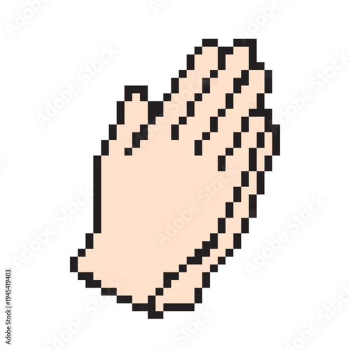 Retro pixel art praying hands icon. 8-bit religious symbol for Easter, faith, and devotion. Minimalist spiritual vector illustration of hands folded in prayer.