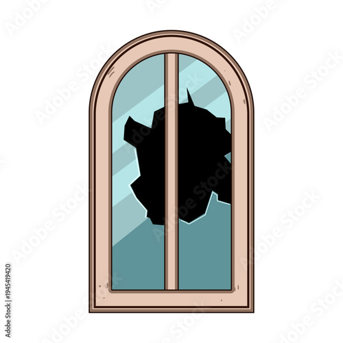Damaged arched window illustration depicting destruction, vandalism, or abandonment, symbolizing insecurity, neglect, and the need for repair or renovation