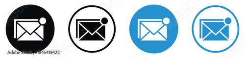 Set of email notification icons featuring stacked envelopes with a message alert badge. Available in black and blue, solid and outlined circular versions. Perfect for UI/UX and web design.