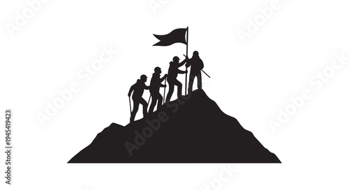 Illustration of silhouette of people reaching mountain summit with flag waving