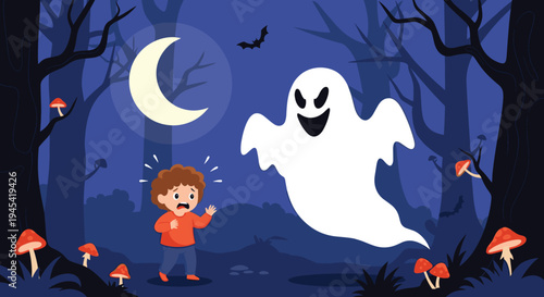 Scared little boy in a spooky dark forest at night encountering a large flying white ghost under a yellow crescent moon.