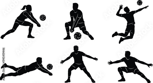 Volleyball player silhouettes set, male and female athletes serving, digging, jumping, spiking actions, sport training activity black vector