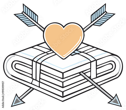 Heart pierced by Cupid's arrows resting on stacked newspapers tied with string