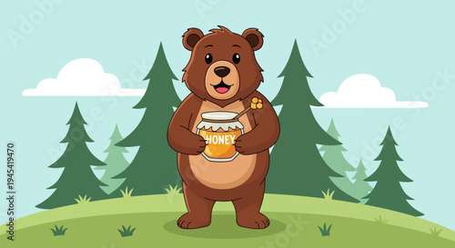 A cartoon brown bear holding honey.
