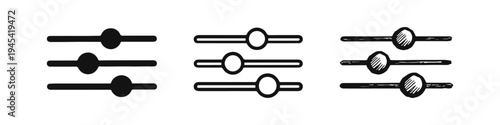 Settings Slider Bar Icon Set in Solid, Outline, and Hand-Drawn Sketch Styles for User Interface Design Elements