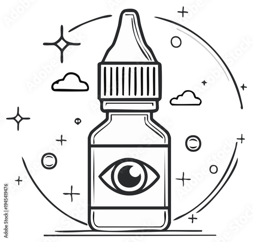 Eyedrop Bottle Illustration for Eye Health. Eye care medication, vision correction. Black and white medicine dropper bottle vector.