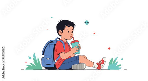 Cute schoolboy with a blue backpack sitting on the ground and drinking from a cup with a straw in a peaceful park.