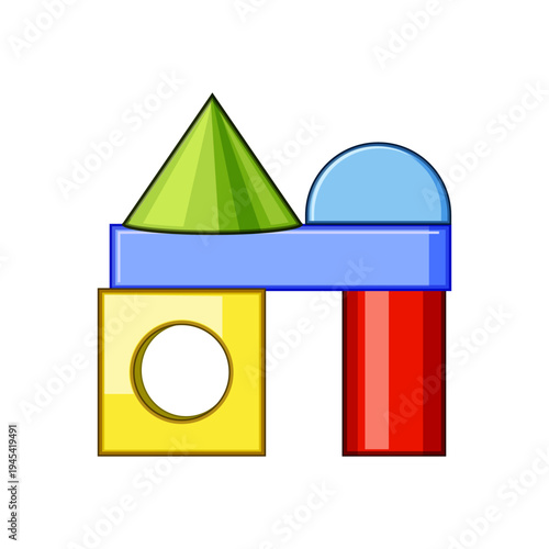 Colorful geometric building blocks assembling an imaginative structure, promoting early childhood development, learning, creativity, and problem solving skills in a playful context