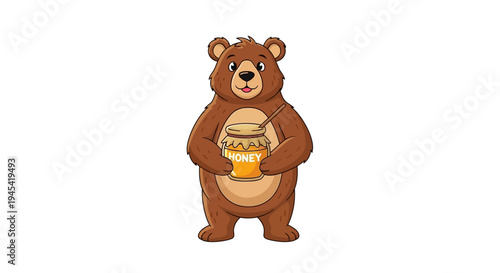 A cartoon brown bear holding honey.