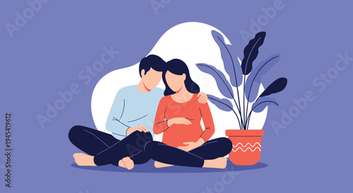 Expectant parents sitting on the floor together with husband leaning his head on the shoulder of his pregnant wife.