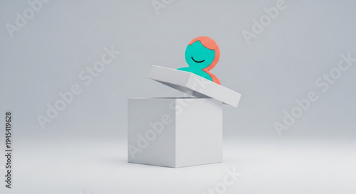 A smiling teal and orange cartoon character emerges from a white box on a light gray background with subtle shadows