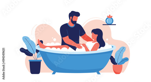 Relaxed pregnant woman taking a bubble bath in a blue tub while her husband gently touches her belly in a cozy bathroom.