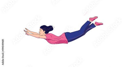 Young woman flying horizontally through the air like a superhero with her arms outstretched and eyes closed in peace.