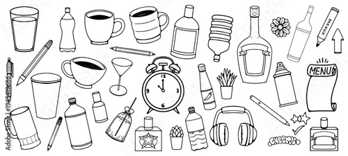 Huge Collection of Beverage Bottles and Kitchen Glassware Illustration in Hand Drawn Black Line Art for Retail Design.