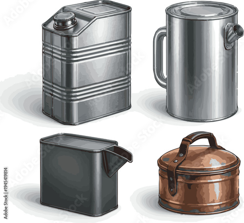 Create a realistic kinds of deferent Blank Metal jerrycan vector art with white background..