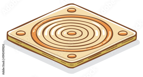 Wooden Pot Holder with Concentric Circles and Rounded Edge Details, Isometric View