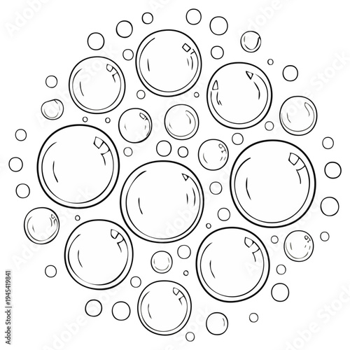 Black and white illustration of bubbles in a circular pattern, transparent and floating.