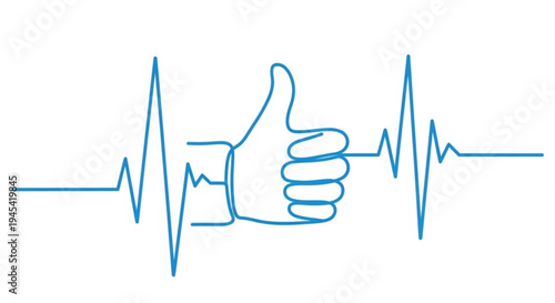 Blue thumbs up hand gesture with ecg heartbeat line on white background symbolizing approval and health