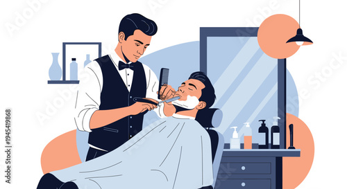 Professional male barber carefully shaves a customer using a traditional straight razor in a modern and stylish barbershop interior.