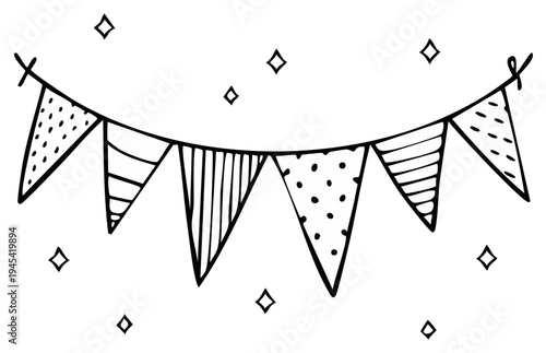 Hand-drawn pennant banner with decorative patterns and stars, festive design element.