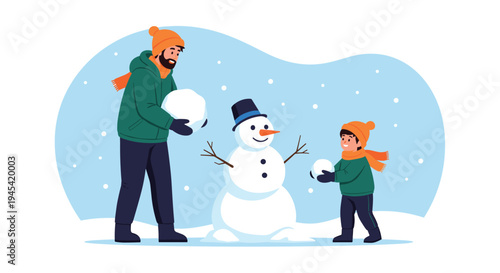 Joyful father and his young son are working together to build a large snowman on a beautiful snowy winter day outdoors.