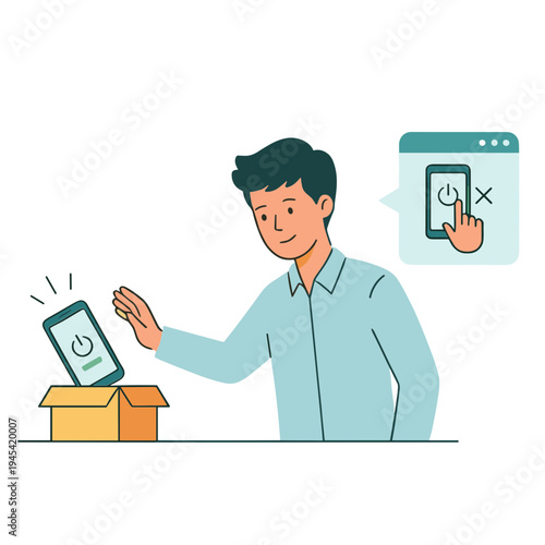 Man takes smartphone out of box and turns it on with finger.