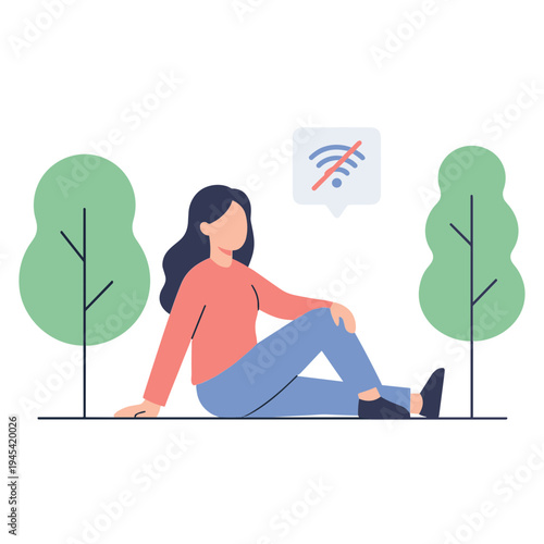 Woman sits on ground between trees with signal icon in air