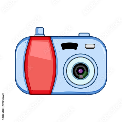 Playful graphic illustration presenting a colorful compact camera, symbolizing creativity, childhood, photography, and the joy of exploring and documenting moments