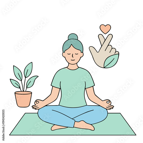 Woman meditates peacefully on green yoga mat with plant nearby indoors
