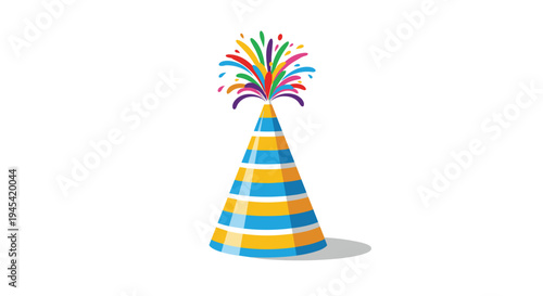 Festive and colorful striped party popper cone releasing vibrant streamers and confetti for a joyous celebration or holiday event.